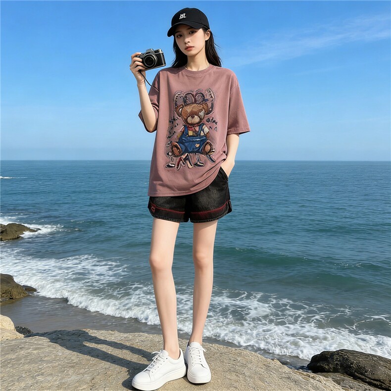 欧货休闲时尚运动套装女夏新款圆领短袖小熊上衣宽松短裤两件套潮,女装套装/套裙,江南