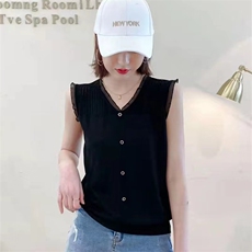 2024年夏季新款拼接时尚气质V领无袖背心，女装背心吊带，百纯羊绒