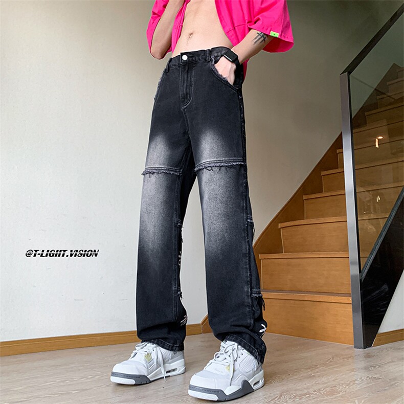 B221 美式ins高街暗黑小众毛边印花直筒牛仔裤 LK23108-P65 控88图片