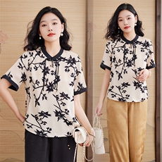 时尚优雅别致设计感新中式清新透气小衫百搭2025，女装蕾丝衫/雪纺衫，媚琳依坊