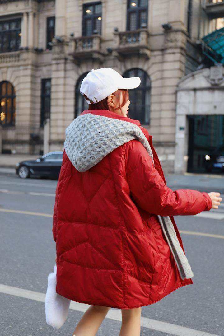 2021早冬上新拼羊毛针织帽围巾两件套设计长款90白鸭绒羽绒，女装，红雀纺