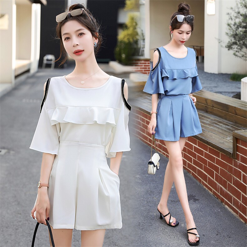 2025新款夏装时尚高腰减龄阔腿短裙裤套装女显瘦洋气荷叶边雪纺衫，女装套装/套裙，火爆靓佳人
