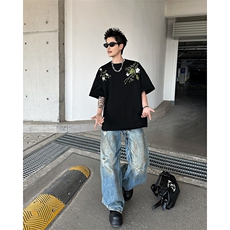 美式高街刺绣花卉短袖t恤男女夏季宽松刺绣字母情侣上衣T5083-P43，男装T恤，星座308B-1