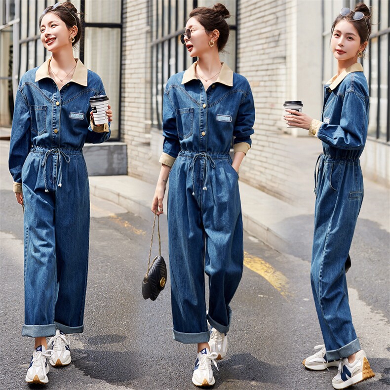 烈儿【游艇连体裤】高棉三压线波浪分割牛仔连体裤R104，女装连体裤，E百度