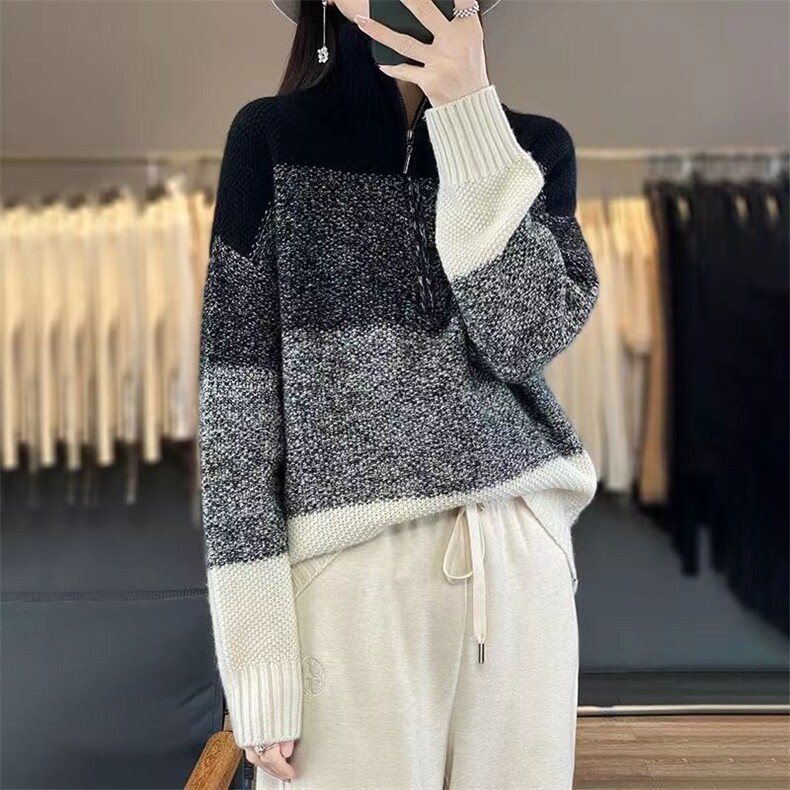 2024秋冬新款羊毛女士花纱拼色半拉链翻领羊毛衫,女装羊毛衫,胜酷羊绒