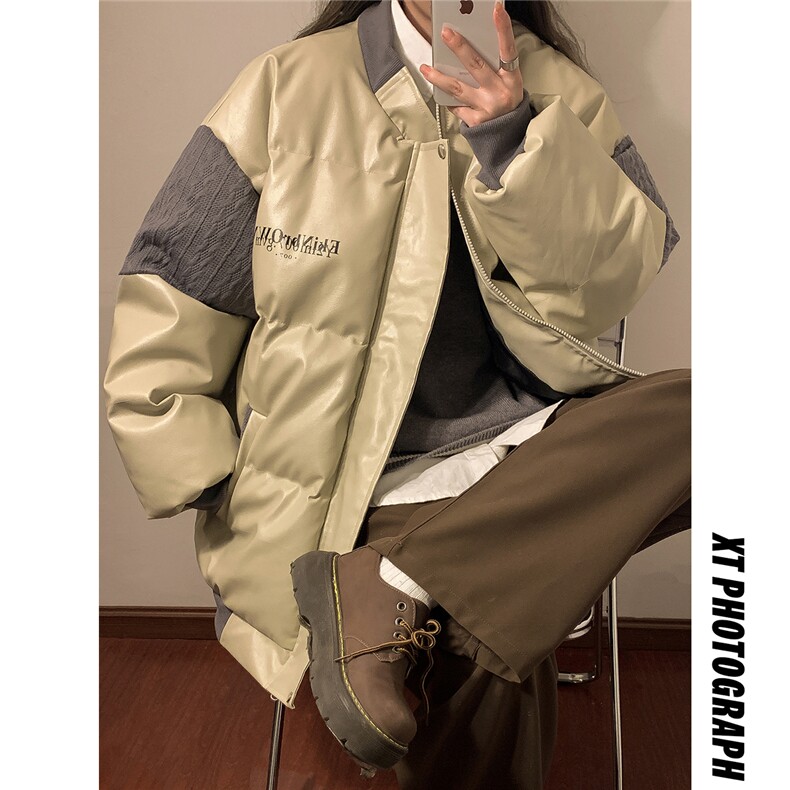 中性风黄灯毛线衣拼接PU皮棉衣男：聚酯纤维MY78756P140控198，男装针织衫/毛衣，星座227-7