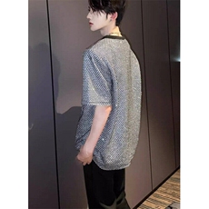 CP1186-P49计感垫肩t恤潮牌痞帅亮晶晶半拉链短袖男夏季半截袖，男装T恤，电商B323A