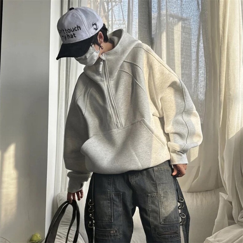 抖音得物二开美式重磅宽松结构拉链设计防风高领连帽卫衣外套W76,男装卫衣,电商A486-1
