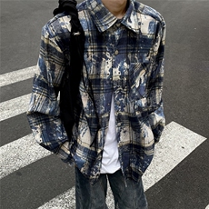 水墨晕染毛边格子衬衫开衫外套潮流男宽松初秋上衣C172/P55，男装衬衫，星座506A