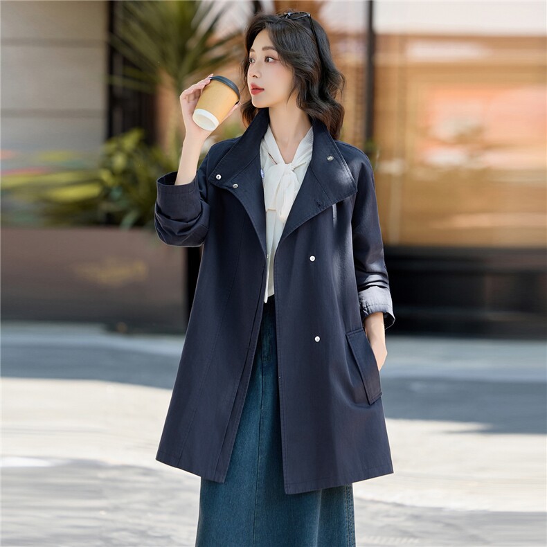 藏青色气质中长款风衣外套女2025新款高级感显瘦休闲大衣,女装风衣,英标秀（1C119）