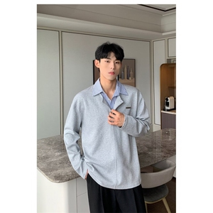 5697-P43韩系宽松polo领假两件衬衫拼接卫衣外套图片