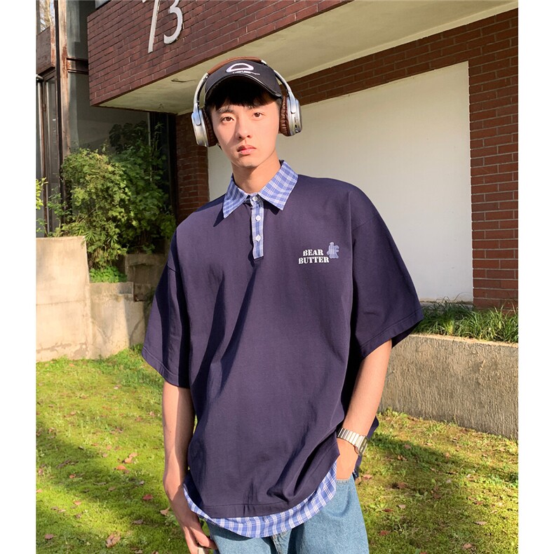 2025夏港风休闲藏青色男假两件格子翻领衬衫TT1082/P45控59-100棉图片