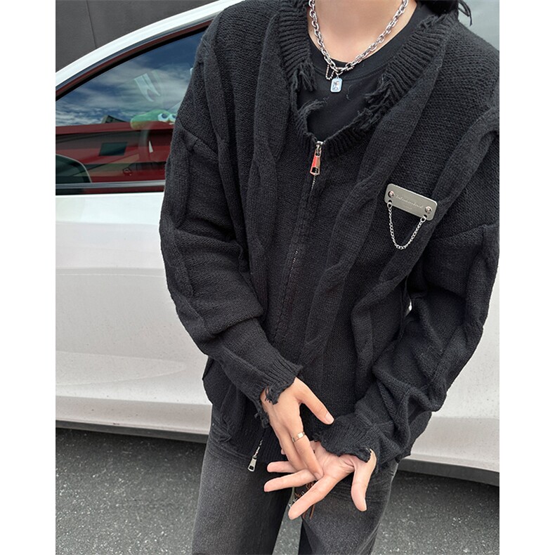 V领金属链条破坏毛衣美式学院风破坏毛边拉链开衫男毛衣YM563-P58,男装针织衫/毛衣,星座302B-2