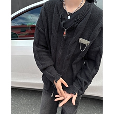 V领金属链条破坏毛衣美式学院风破坏毛边拉链开衫男毛衣YM563-P58，男装针织衫/毛衣，星座302B-2