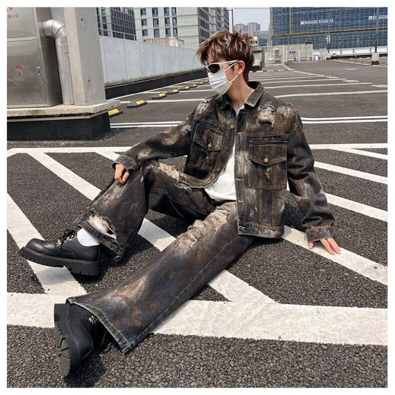 水洗破洞微喇牛仔牛仔裤男宽松炸街vibe风重工垫肩夹克上衣两件套图片