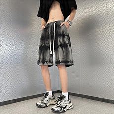 美式扎染水洗牛仔短裤男夏季薄款宽松大码潮牌设计感小众五分中裤，男装牛仔裤，星座410-6（原星座1304-1）