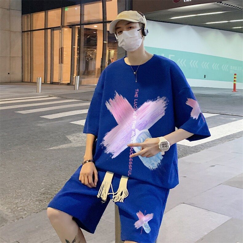 休闲运动套装男2024冰丝时尚一套短袖短裤情侣大码高级感夏季潮流,男装休闲套装,电商B367