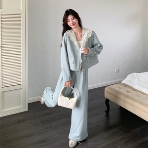 设计感西装套装女2025秋季新款今年流行减龄蕾丝西服阔腿裤两件套图片
