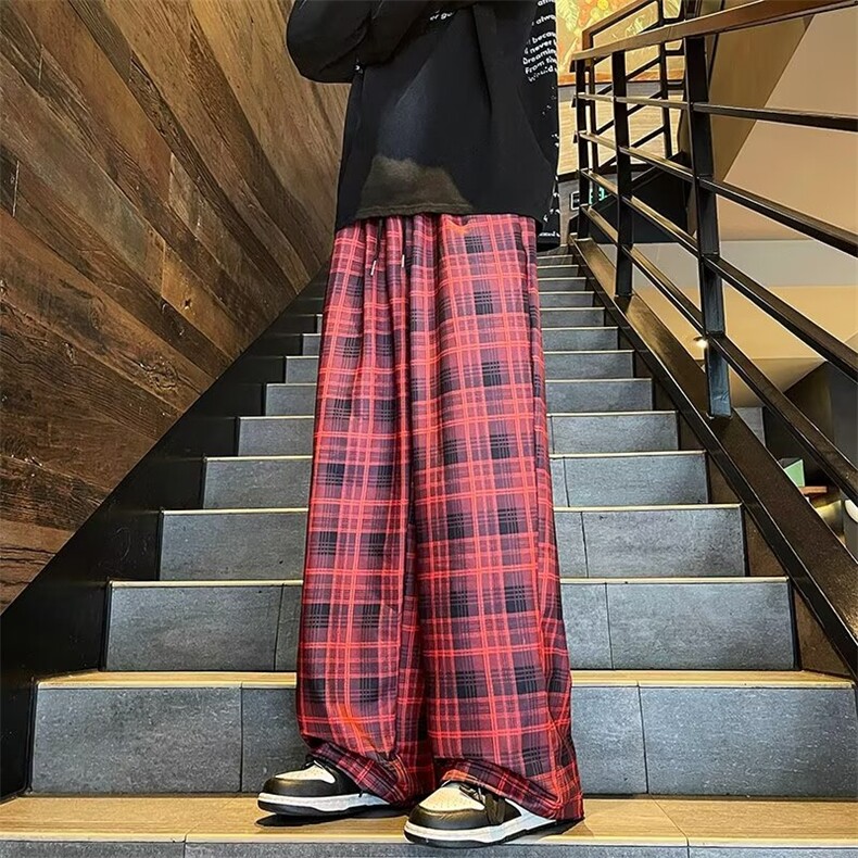 格子休闲裤男夏秋季大码美式裤子vibe慵懒风青少年阔腿裤M974/P38,男装休闲裤,星座506