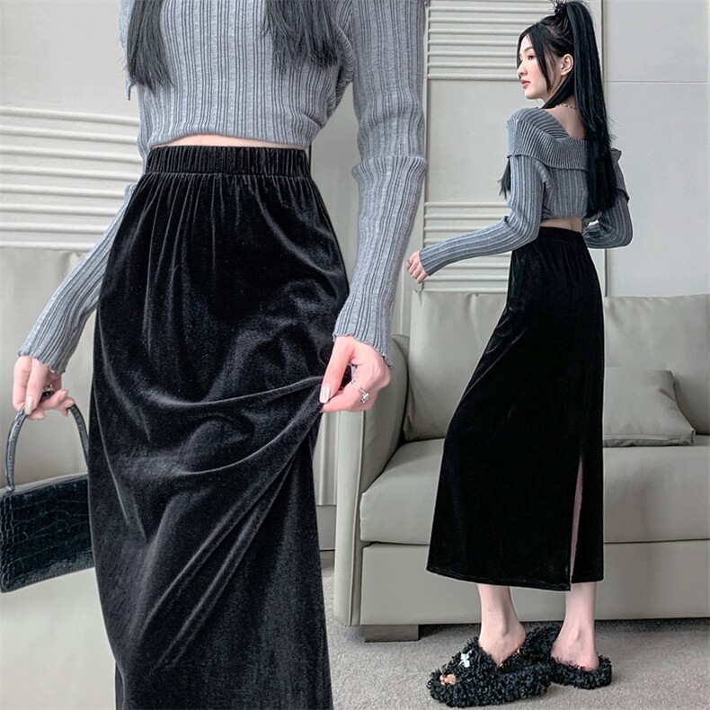 金丝绒高腰开叉半身裙女2024秋季新款气质包臀a字一步中长裙，女装半身裙，梦白服饰厂