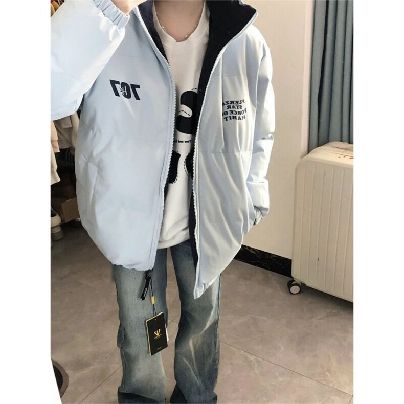 甜酷风字母印花蓝色棉服冬季小个子百搭立领宽松棉衣外套M7696,男装棉衣,星座1116A（原606A-3）