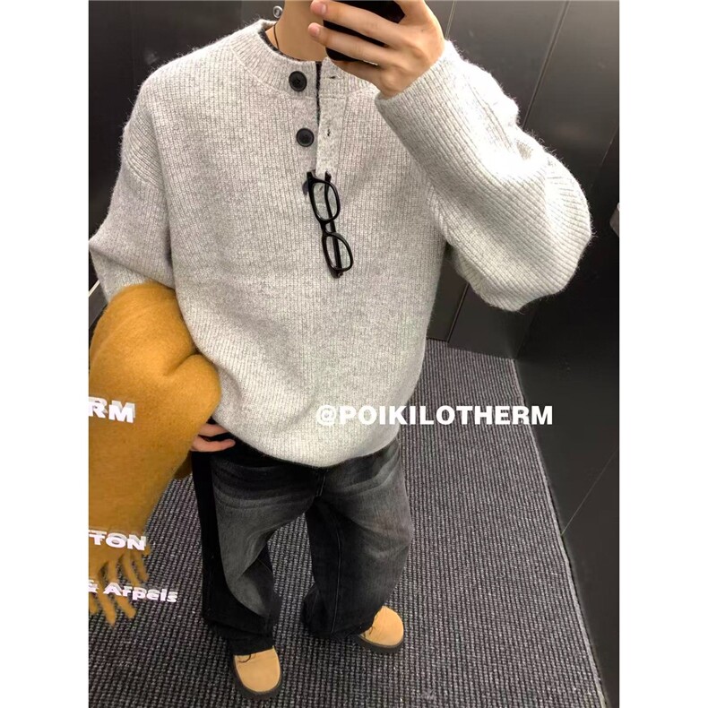 5010-P49灰色美式复古亨利领毛衣男款冬季慵懒风高级感针织衫,男装T恤,电商B323A