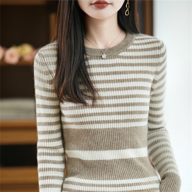 复古拼色条纹100%纯羊毛衫女2025新款洋气减龄修身保暖打底毛衣，女装羊毛衫，迅太羊绒