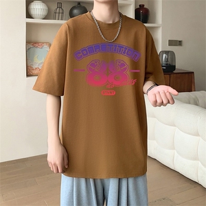 新款夏季男装纯棉短袖T恤落肩款英文字母印花时尚休闲上衣图片