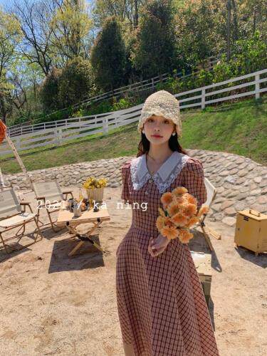 夏装～格子连衣裙显瘦，女装连衣裙，咔柠