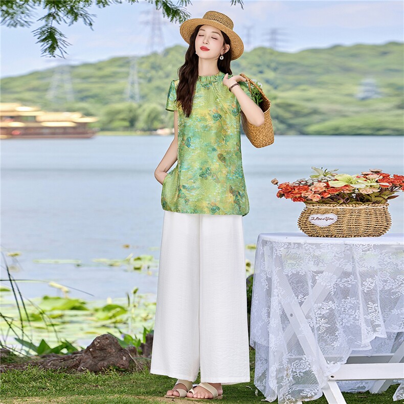 新中式印花盘扣上衣+阔腿裤两件套,女装套装/套裙,鑫鑫美