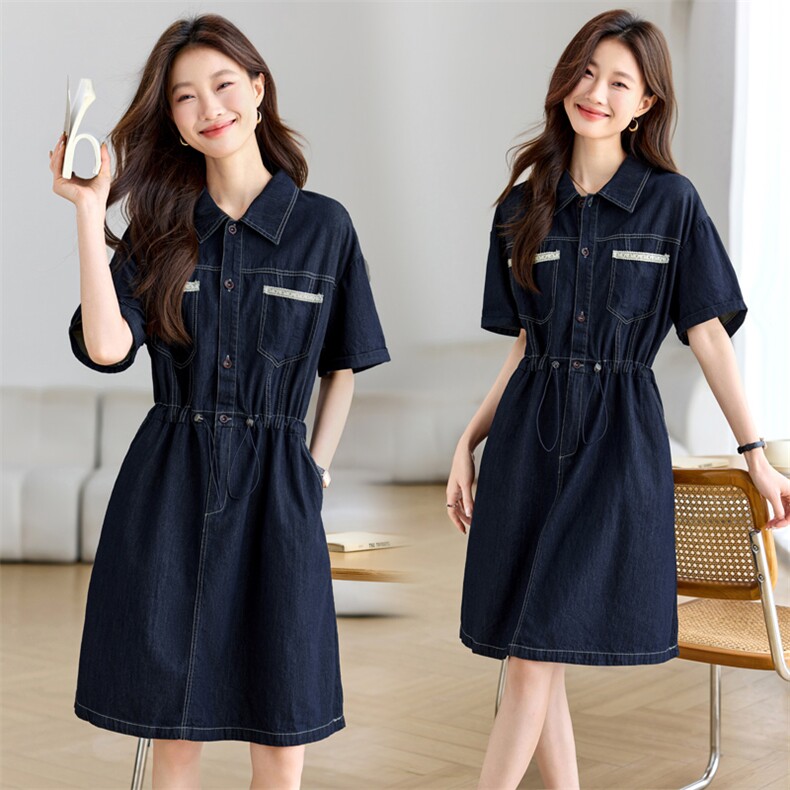 LT08778田原~棉+天丝口袋蕾丝边~抽绳收腰短袖柔软牛仔连衣裙夏，女装连衣裙，木子恋