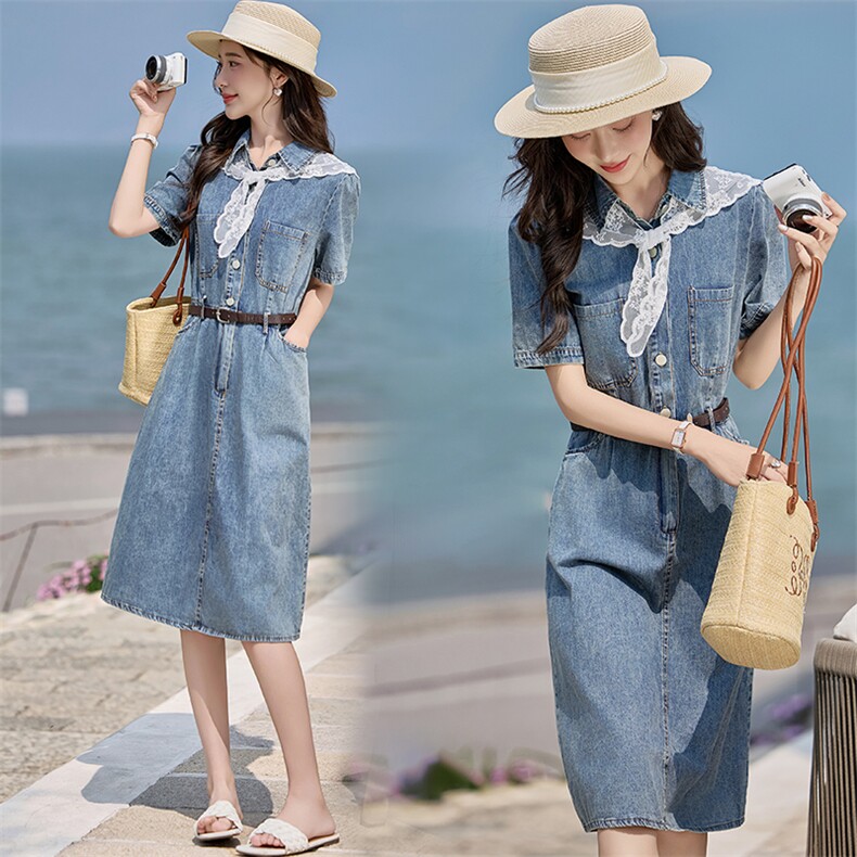 蓓罗拉牛仔夏季连衣裙女夏季新款2025中长款收腰显瘦气质短袖减龄，女装牛仔裙，悦祺