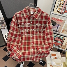 HY0275-P50美式复古高街钉珠格子衬衫男女潮牌春季宽松衬衣外套，男装衬衫，电商C233
