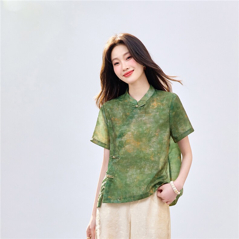 长期现货2026新中式印花上衣女夏季薄款透气短袖衬衫中老年妈宽松,女装衬衫,璐依舞