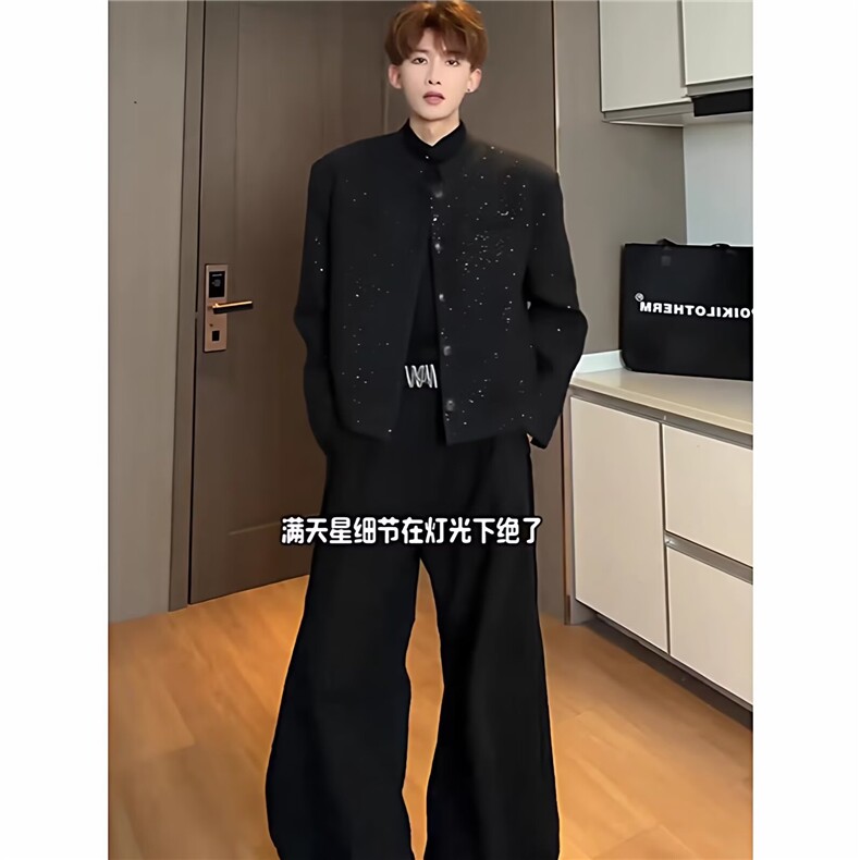 2026美式满天星垫肩西装西服男春秋大码潮牌痞帅西装高街百搭外套，男装西服套装，星座601-1