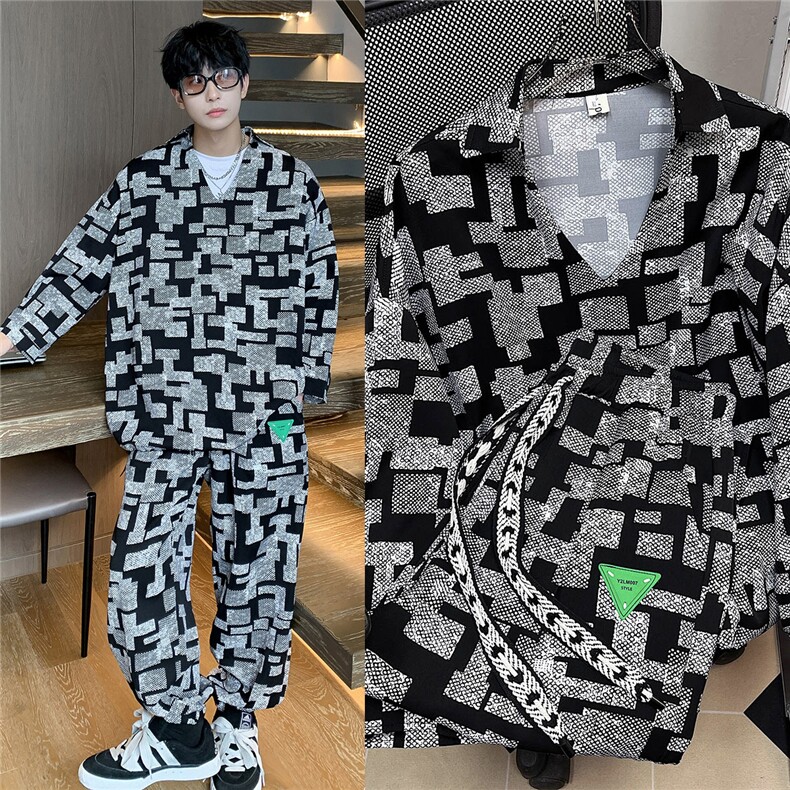 港风V领长袖衬衫一套装九分裤男搭配9分袖POLO衫男TZ7732P75控,男装衬衫,星座226-1