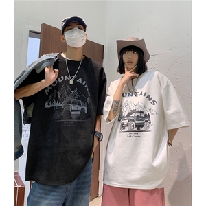 情侣装夏季新款美式复古麂皮绒机车印花圆领宽松半袖T恤 D297 P38图片