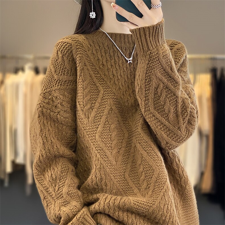 圆领绞花100%纯羊毛衫女秋冬新款加厚长袖毛衣宽松慵懒羊绒打底衫，女装羊毛衫，琳华羊绒