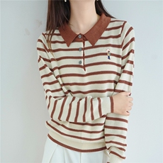 2025年秋季常规POLO领条纹小熊刺绣，女装针织衫/毛衣，恒旺羊绒