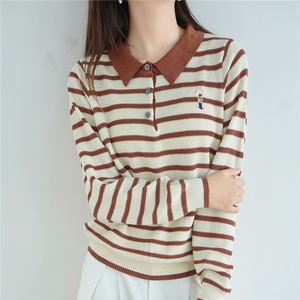2025年秋季常规POLO领条纹小熊刺绣，女装针织衫/毛衣，恒旺羊绒