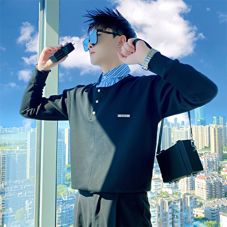 AW192/特P78控108春季社会小伙潮流高级感拼接假两件衬衫男黑首2,男装卫衣,星座305B-1