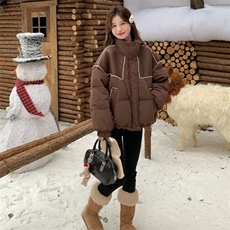 pu皮拼接羽绒服女冬季2025新款美拉德咖啡色面包服小个子流行，女装羽绒服，2D143