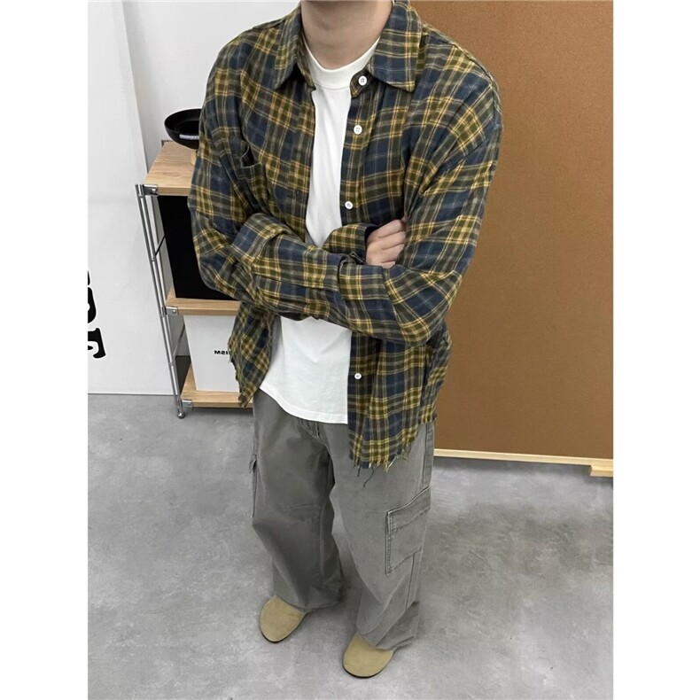 W11106-P38网图现货美式撞色复古格子衬衫宽松街头口袋翻领上衣,男装衬衫,星座1608