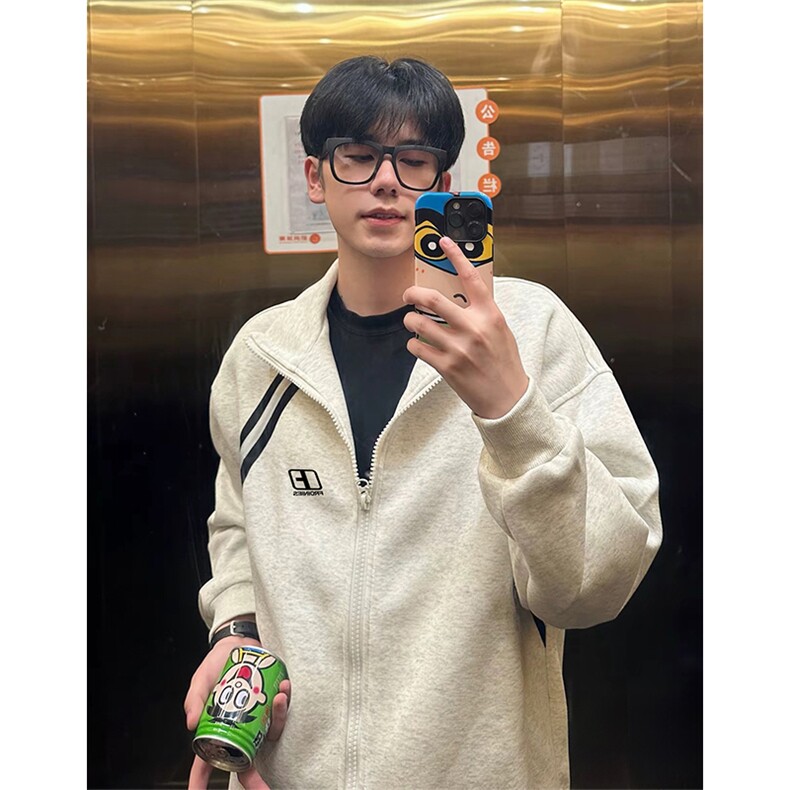 抖音得物高品质秋冬美式重磅结构织带撞色立领印花卫衣外套AW7001，女装短外套，电商A443