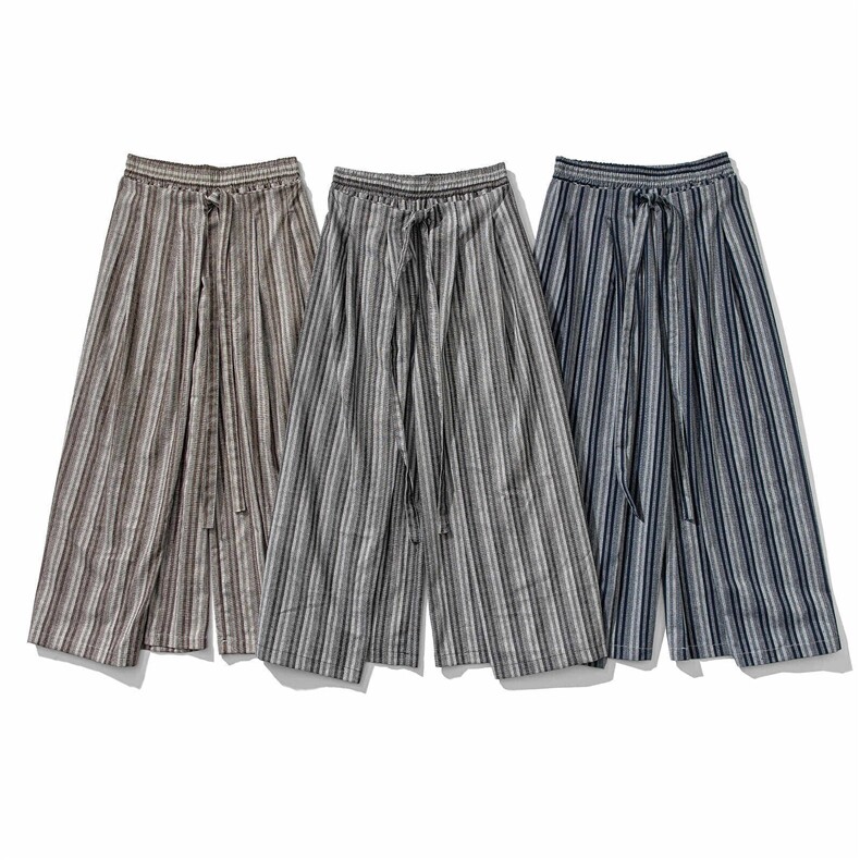 日系条纹阔腿休闲裤棉麻复古民族风裙裤潮牌休闲裤子D536/P75，男装休闲裤，星座206-1