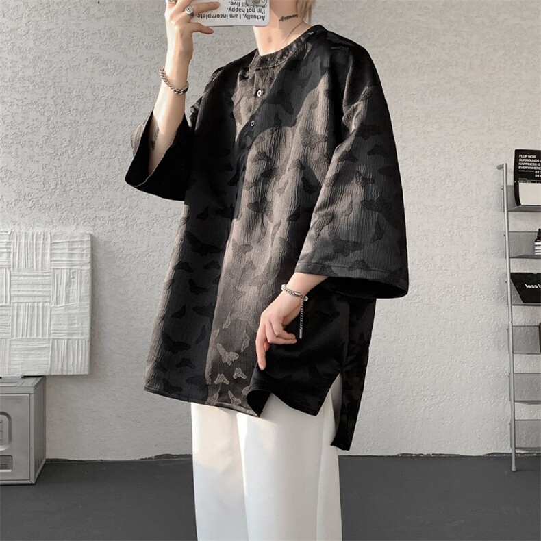 8XL-M风蝴蝶t恤大码唐装新中式七分袖棉麻冰丝短袖DX1208P48,男装T恤,电商B238
