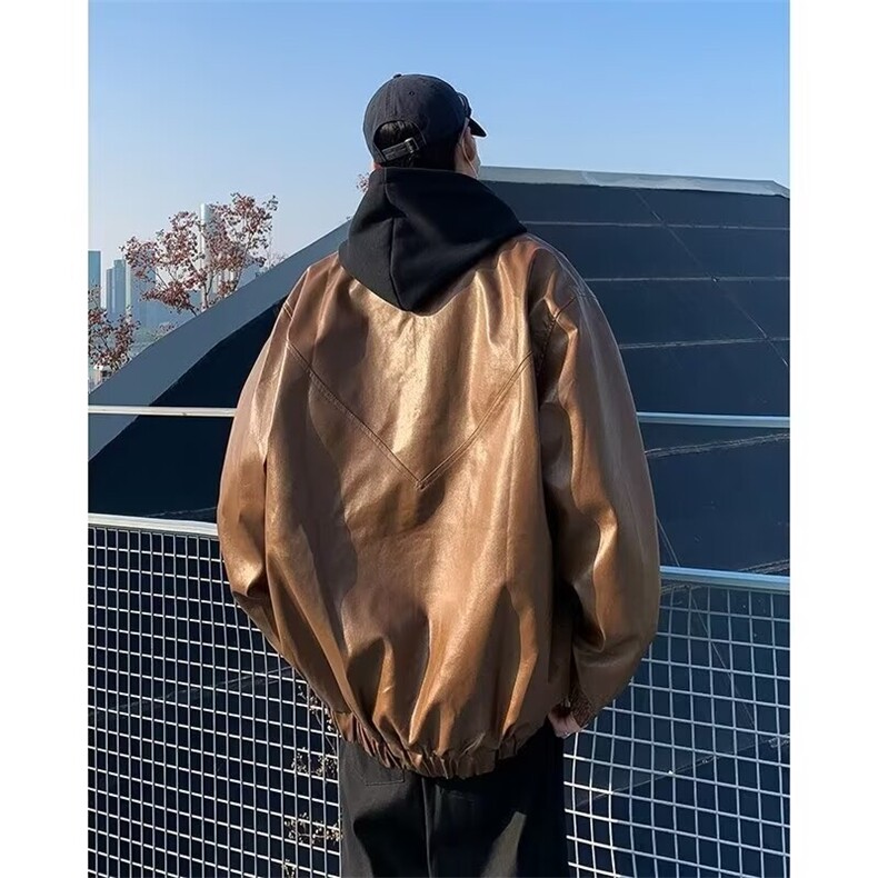 秋冬日系复古黑色皮衣外套男女生棉服pu皮美式机车服加绒夹克W159,男装夹克,星座506