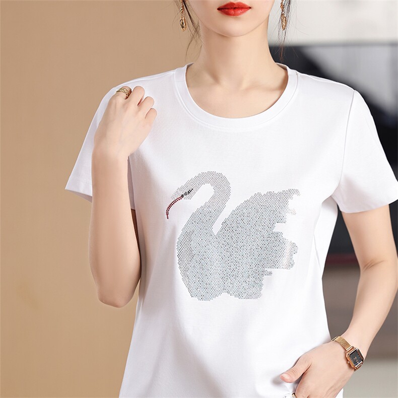 2025年新款烫钻卡通动物图案丝光棉短袖女纯棉T恤宽松夏季圆领t恤，女装T恤，元素羊绒