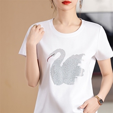 2025年新款烫钻卡通动物图案丝光棉短袖女纯棉T恤宽松夏季圆领t恤，女装T恤，元素羊绒
