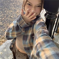 1403-P36美式复古格子衬衫2025秋季长袖休闲宽松港风潮流情侣装，男装T恤，电商B323A